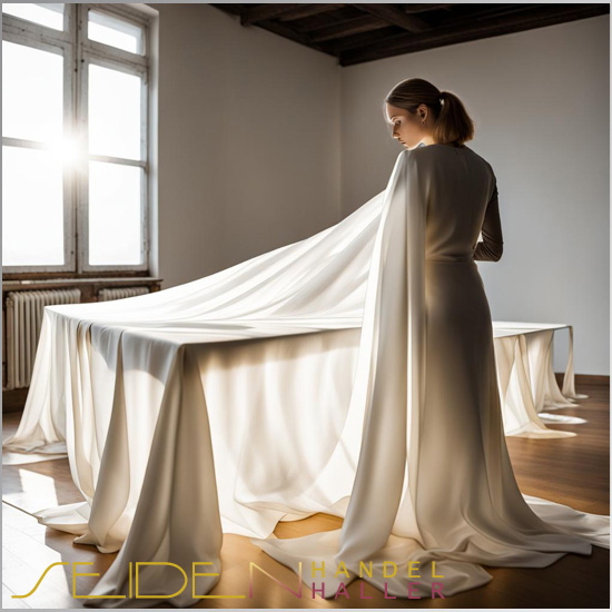 Naturweisser Seidenstoff, der ausgebreitet auf einem Tisch liegt.