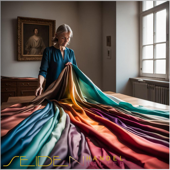 Seidenstoffe, die mehrfarbig gefärbt sind, werden überprüft.