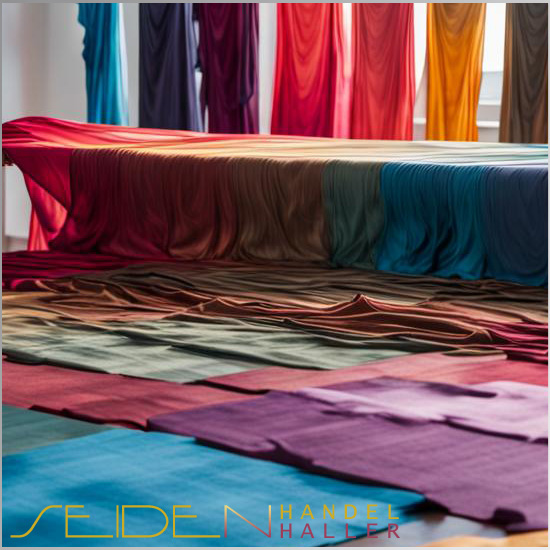 Showcase von gefärbten Seidenstoffen