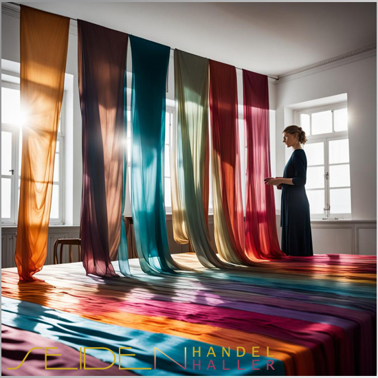 Gefärbte Seidenstoffe, die vom Sonnenlicht beschienen werden.